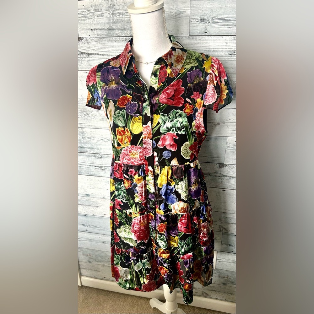 Alice + Olivia Black Floral Button-Front Mini Dress
